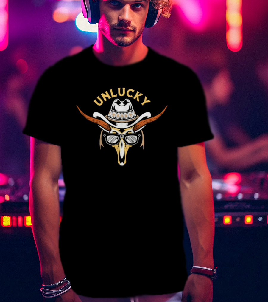 Unlucky Cowboy Skull Sunglasses Western Horns Hat T-Shirt