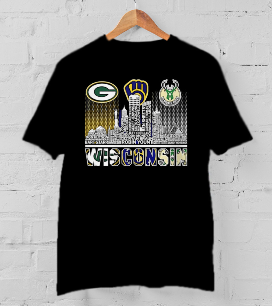Wisconsin Green Bay Packers Milwaukee Brewers Bucks City Skyline Logos T-Shirt