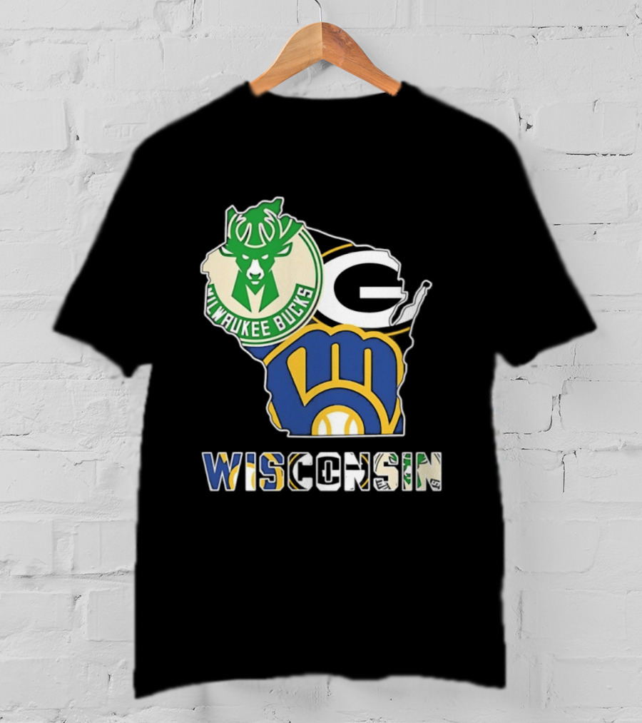 Milwaukee Bucks Green Bay Packers Milwaukee Brewers Wisconsin Map T-Shirt