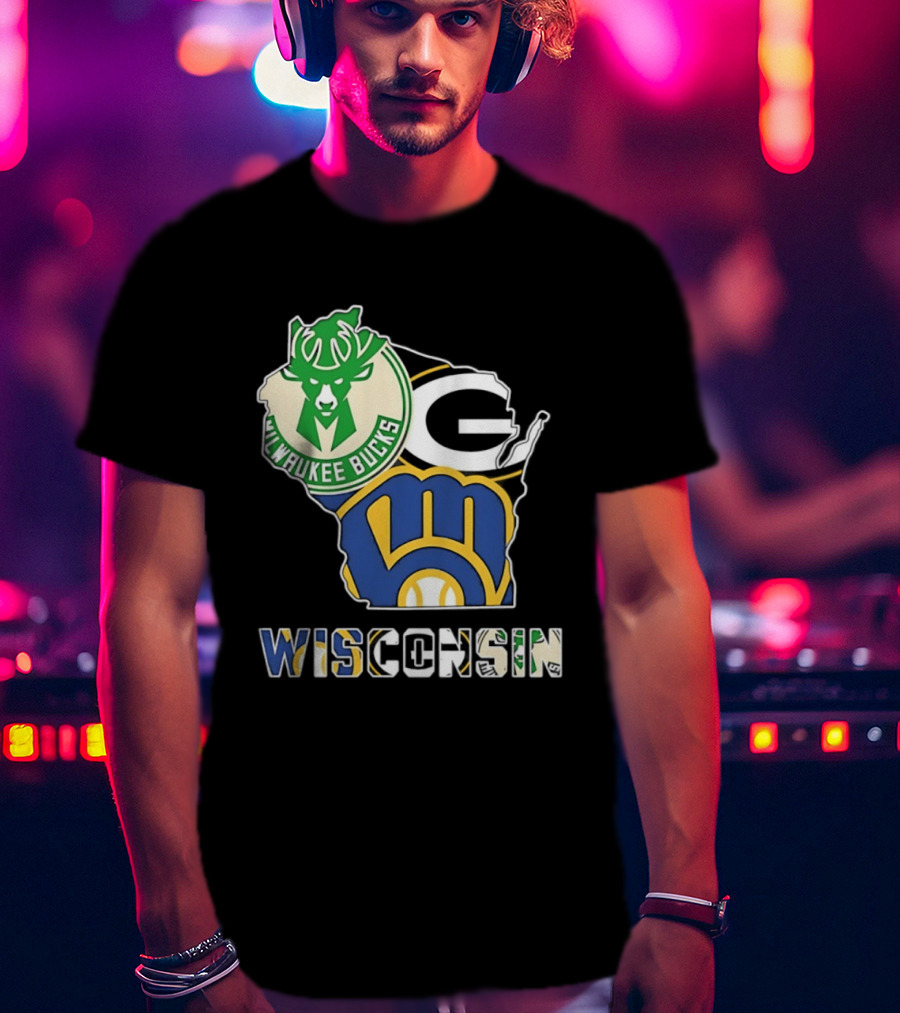 Milwaukee Bucks Green Bay Packers Milwaukee Brewers Wisconsin Map T-Shirt