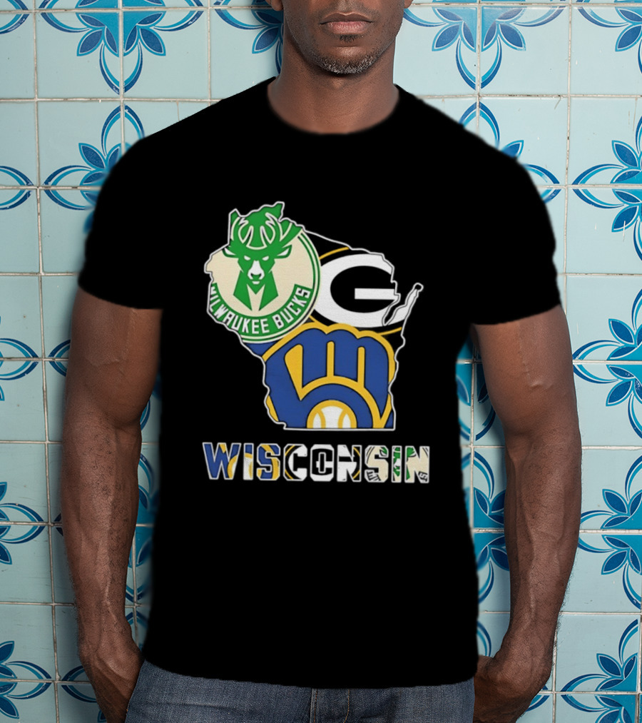 Milwaukee Bucks Green Bay Packers Milwaukee Brewers Wisconsin Map T-Shirt