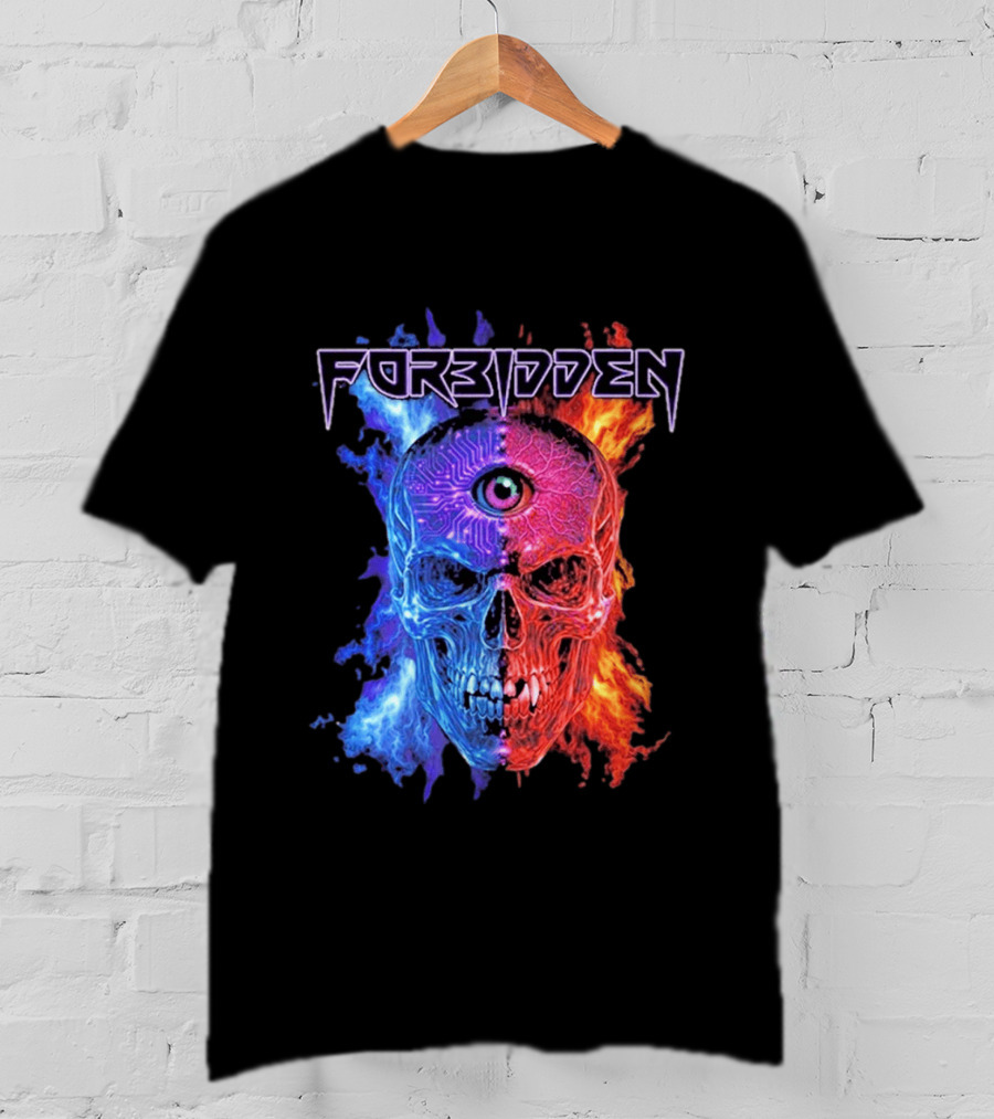 FORBIDDEN Skull Eye Flames Blue Red Fusion T-Shirt