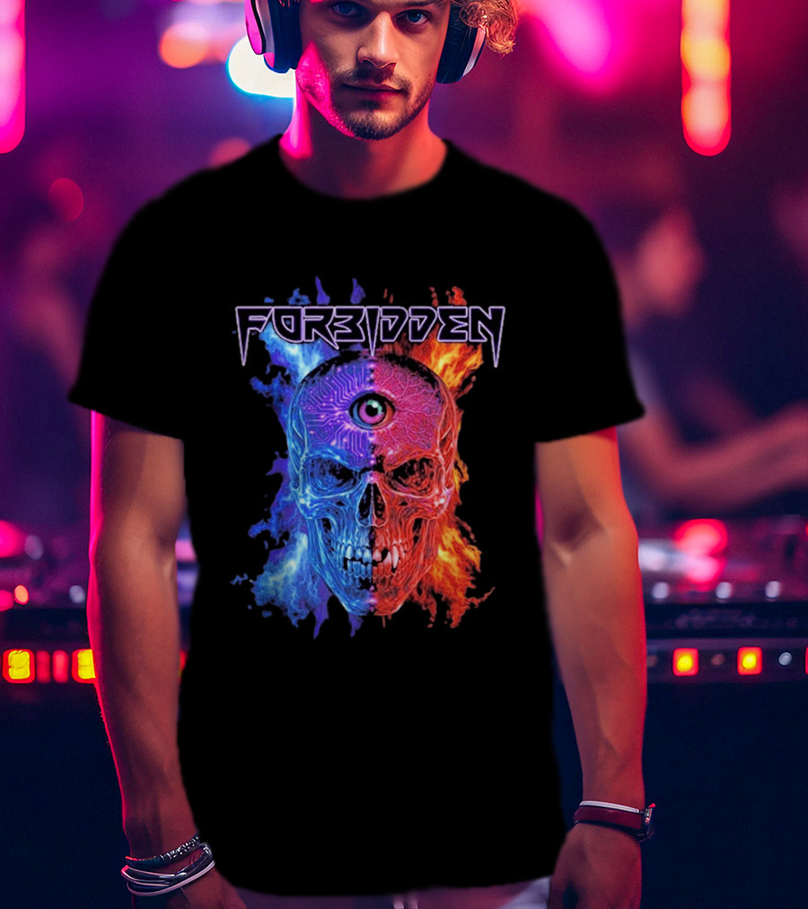 FORBIDDEN Skull Eye Flames Blue Red Fusion T-Shirt
