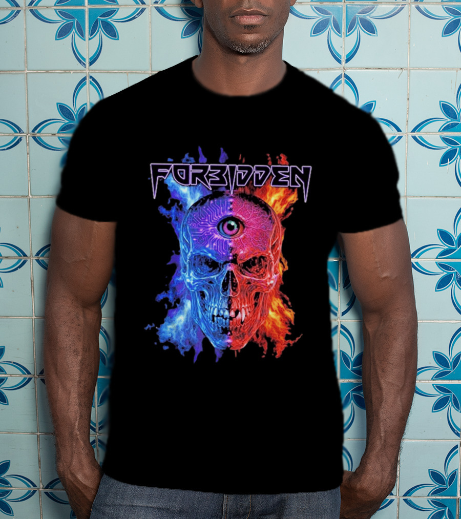 FORBIDDEN Skull Eye Flames Blue Red Fusion T-Shirt