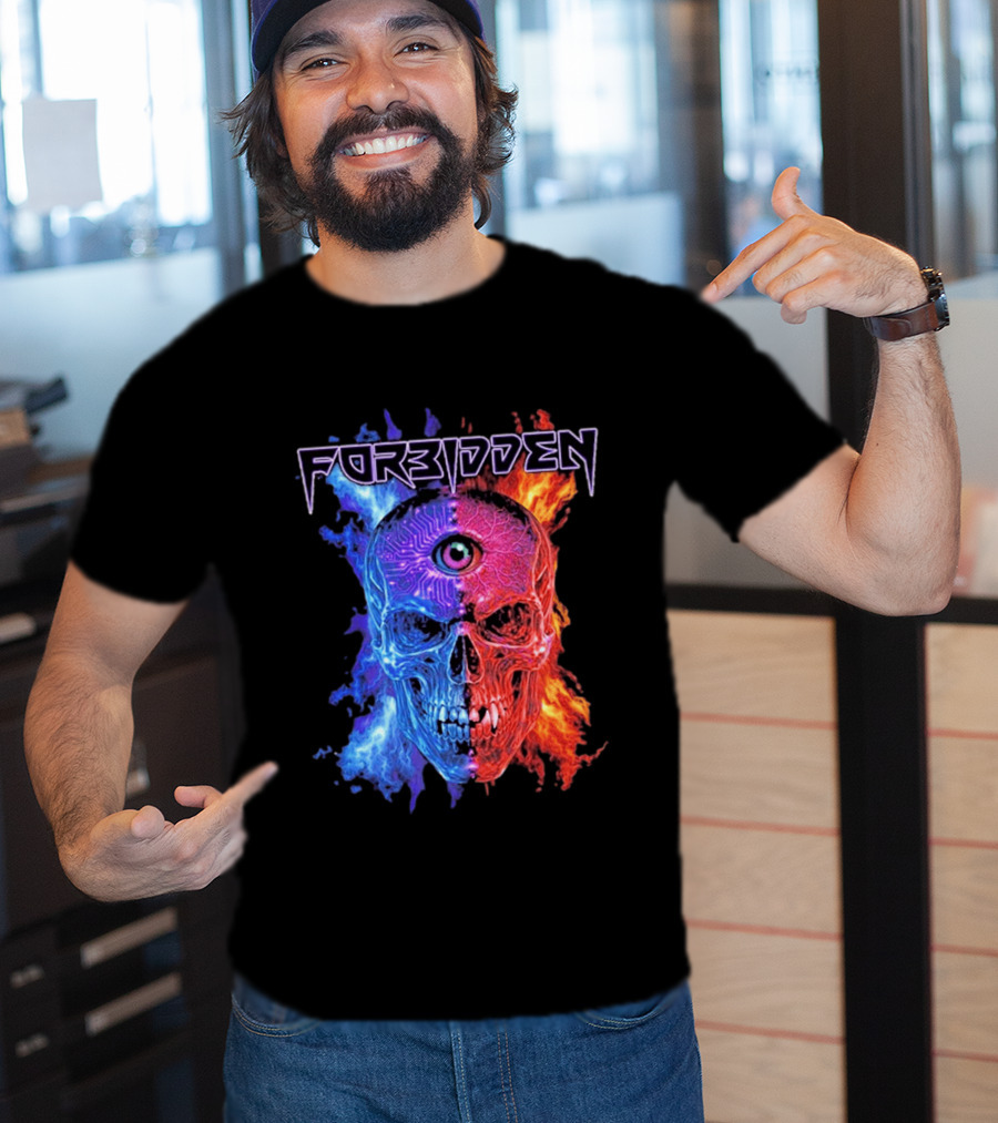 FORBIDDEN Skull Eye Flames Blue Red Fusion T-Shirt