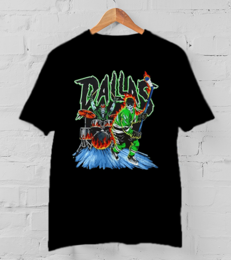 Dallas Stars Skeleton Hockey Fire With Drummer T-Shirt