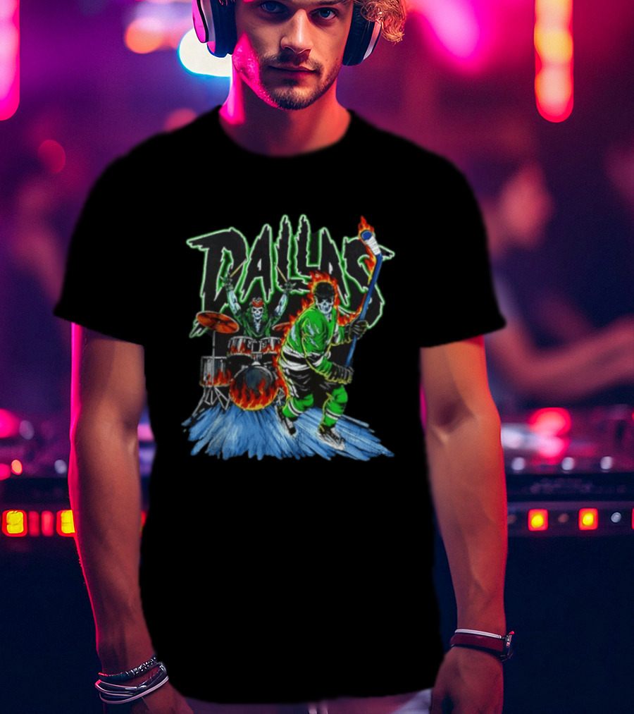 Dallas Stars Skeleton Hockey Fire With Drummer T-Shirt