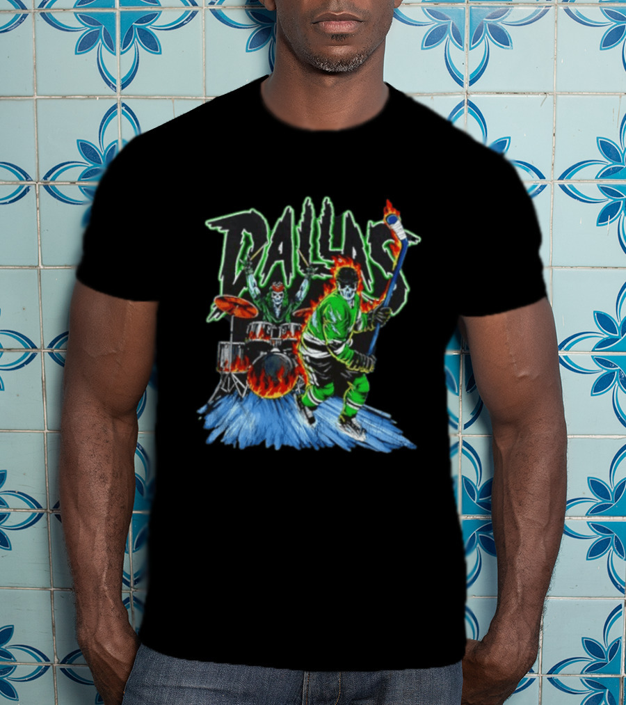 Dallas Stars Skeleton Hockey Fire With Drummer T-Shirt