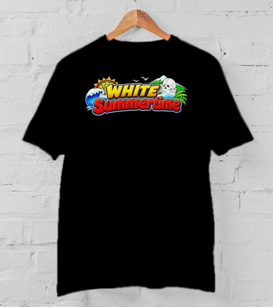 White Summertime Skull Ocean Beach Sun Palm Birds T-Shirt