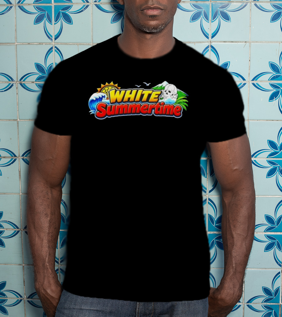 White Summertime Skull Ocean Beach Sun Palm Birds T-Shirt