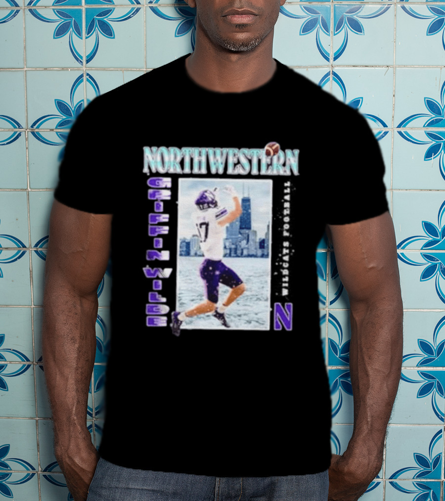 Northwestern Wildcats Football Griffin Wilde No 17 Chicago Skyline T-Shirt