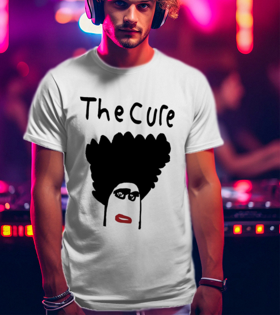 The Cure Hand Drawn Robert Smith Bold Hair Red Lips Black Glasses T-Shirt