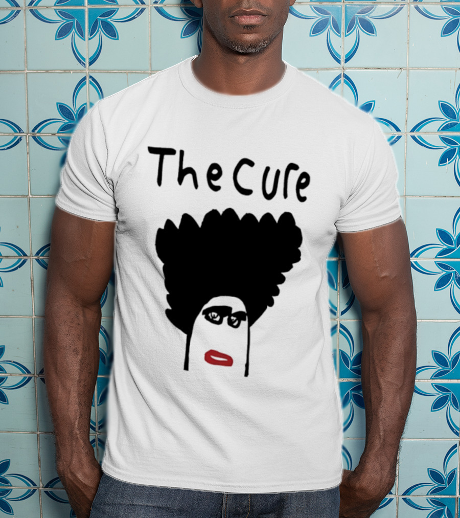 The Cure Hand Drawn Robert Smith Bold Hair Red Lips Black Glasses T-Shirt