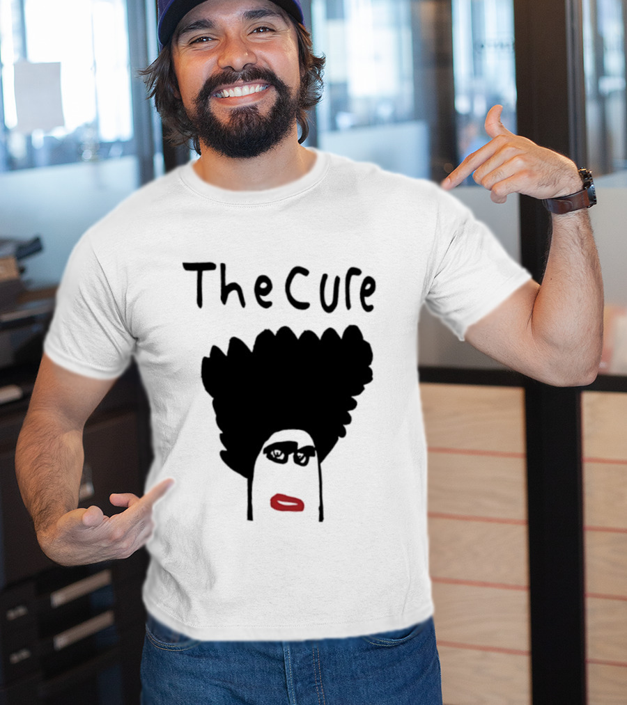 The Cure Hand Drawn Robert Smith Bold Hair Red Lips Black Glasses T-Shirt