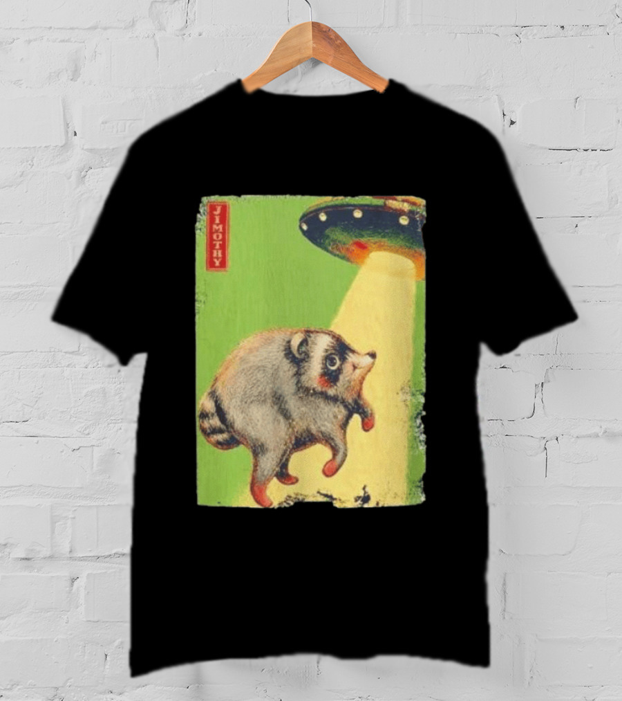 Jimothy Raccoon Abducted By UFO Alien Beam On Green T-Shirt