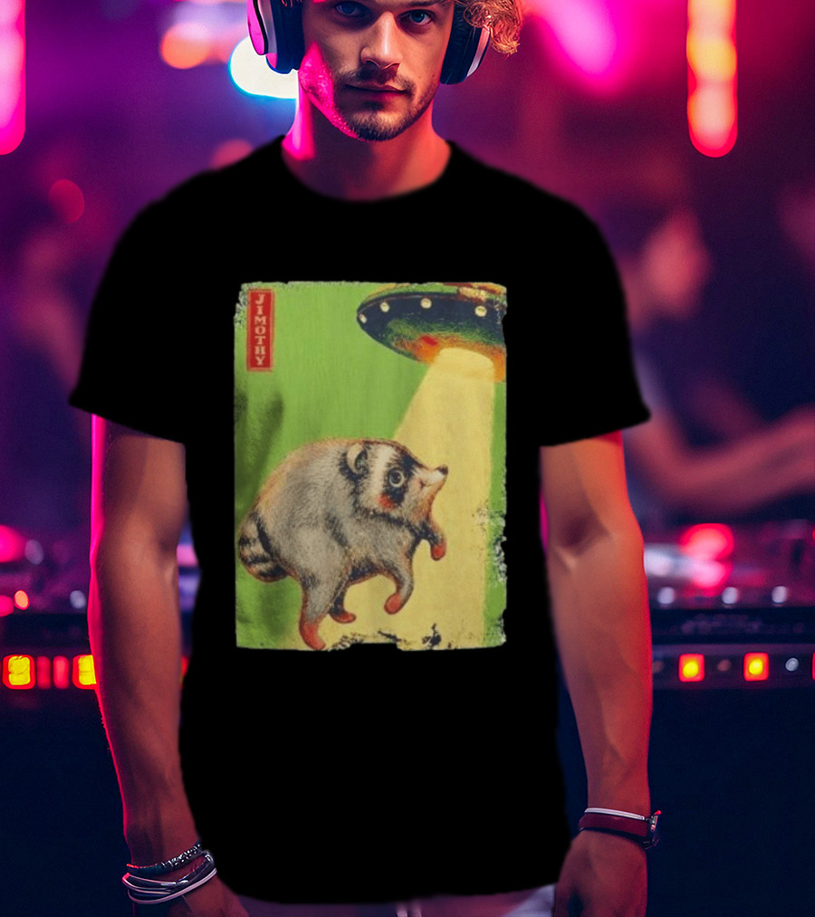 Jimothy Raccoon Abducted By UFO Alien Beam On Green T-Shirt