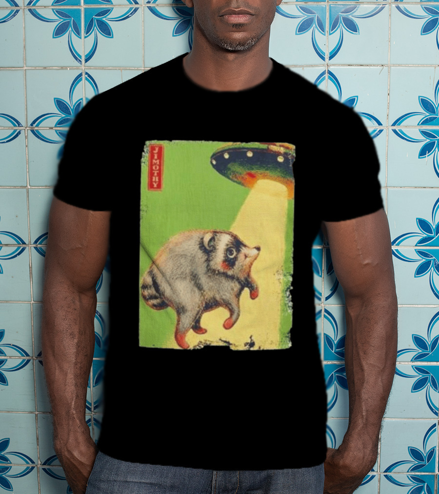 Jimothy Raccoon Abducted By UFO Alien Beam On Green T-Shirt