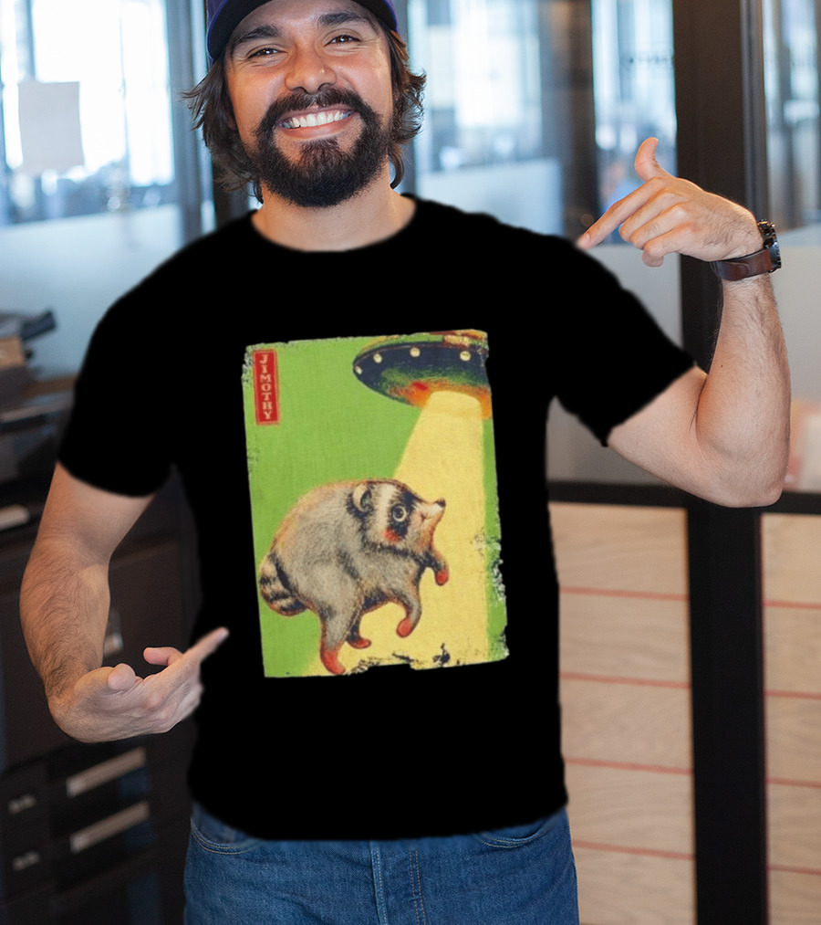 Jimothy Raccoon Abducted By UFO Alien Beam On Green T-Shirt