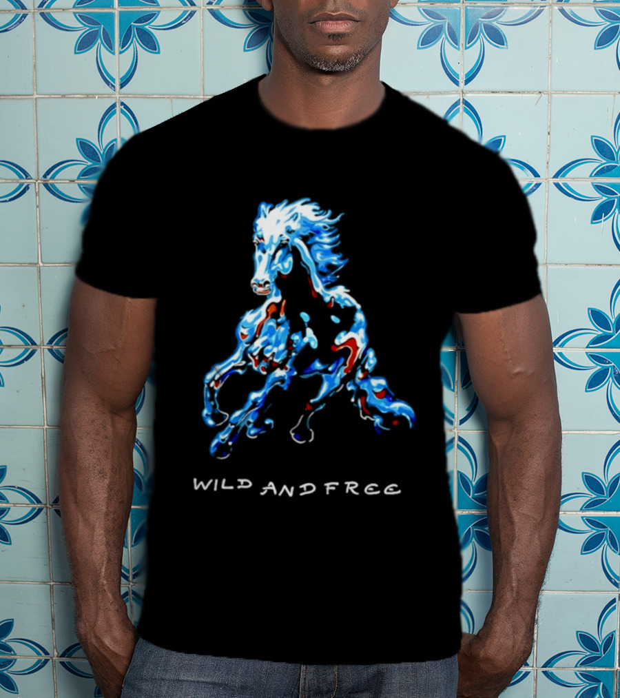 Wild Horse Wild And Free Blue Red Watercolor T-Shirt