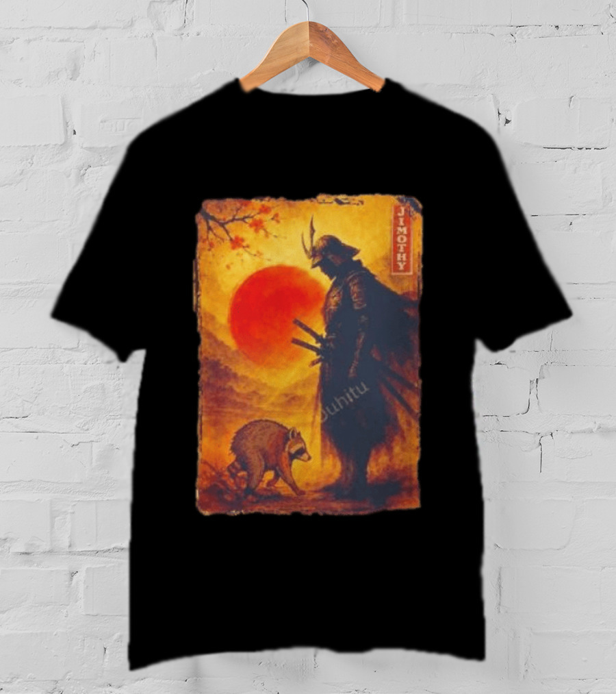 Jimothy Samurai Warrior And Raccoon Japanese Sunset T-Shirt