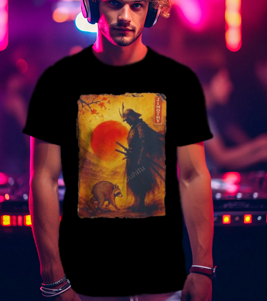 Jimothy Samurai Warrior And Raccoon Japanese Sunset T-Shirt