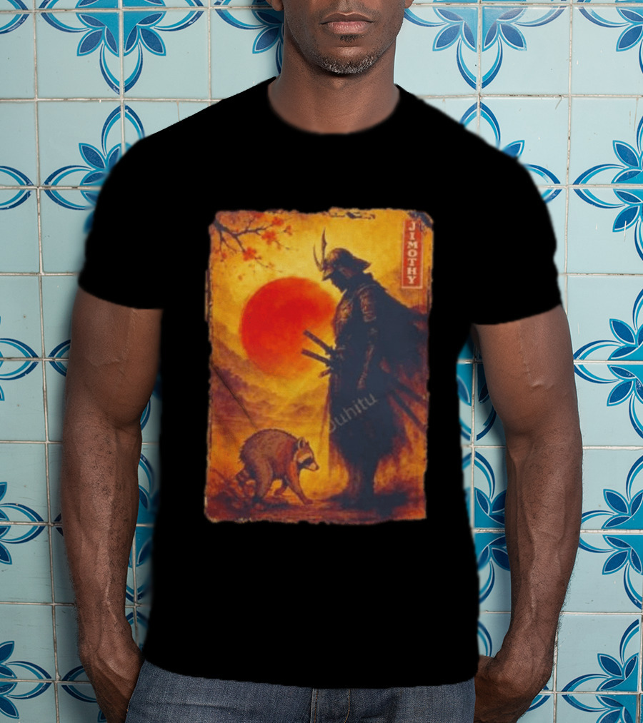 Jimothy Samurai Warrior And Raccoon Japanese Sunset T-Shirt