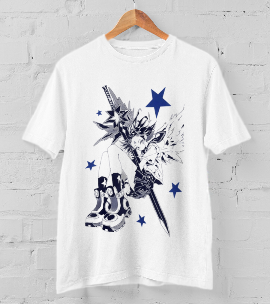 Arkestar Anime Girl Sword Wings Blue Stars T-Shirt