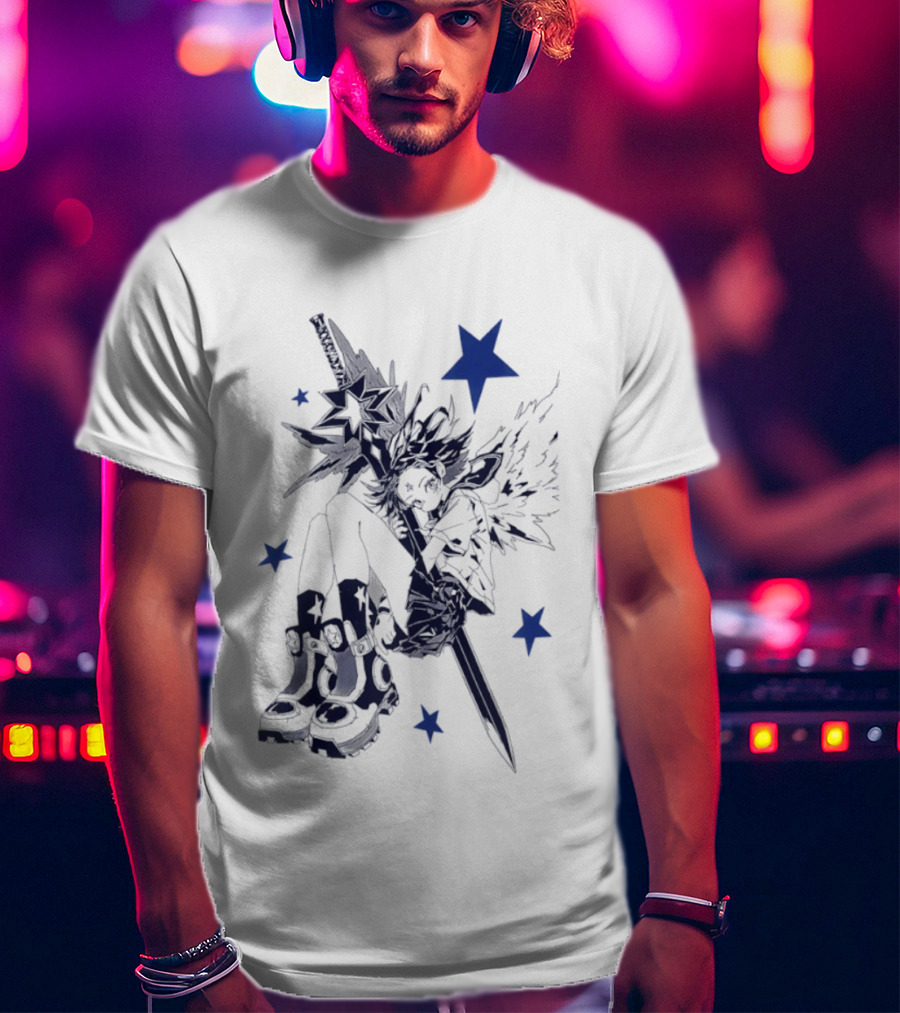 Arkestar Anime Girl Sword Wings Blue Stars T-Shirt