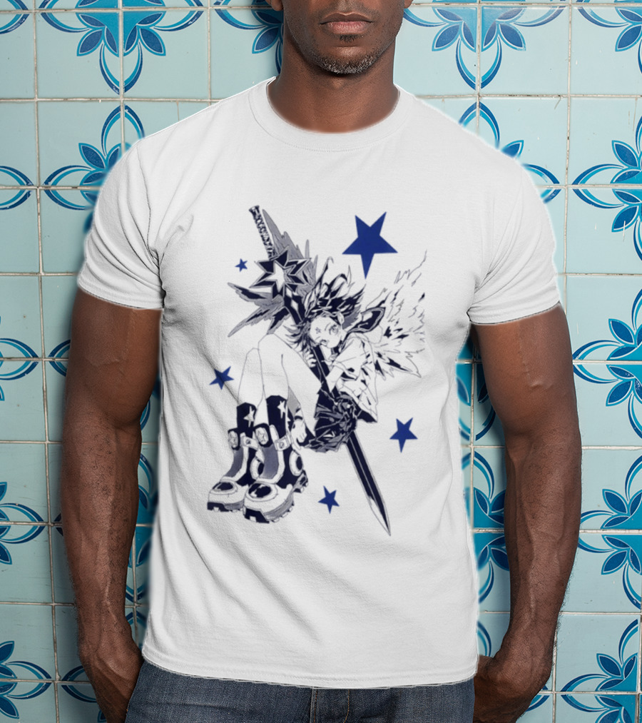 Arkestar Anime Girl Sword Wings Blue Stars T-Shirt
