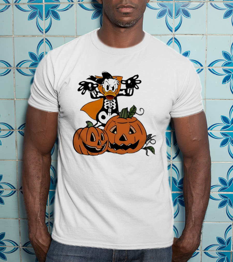 Donald Duck Skeleton Costume With Pumpkins Disney Halloween T-Shirt