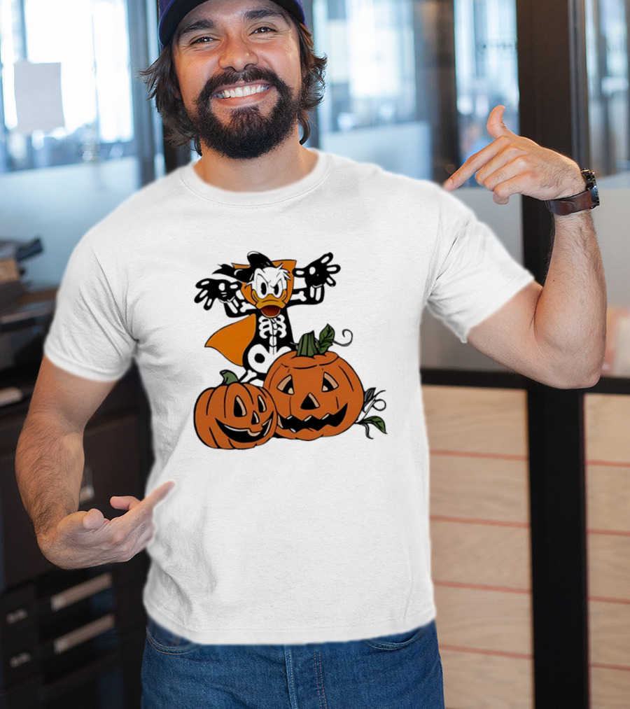 Donald Duck Skeleton Costume With Pumpkins Disney Halloween T-Shirt