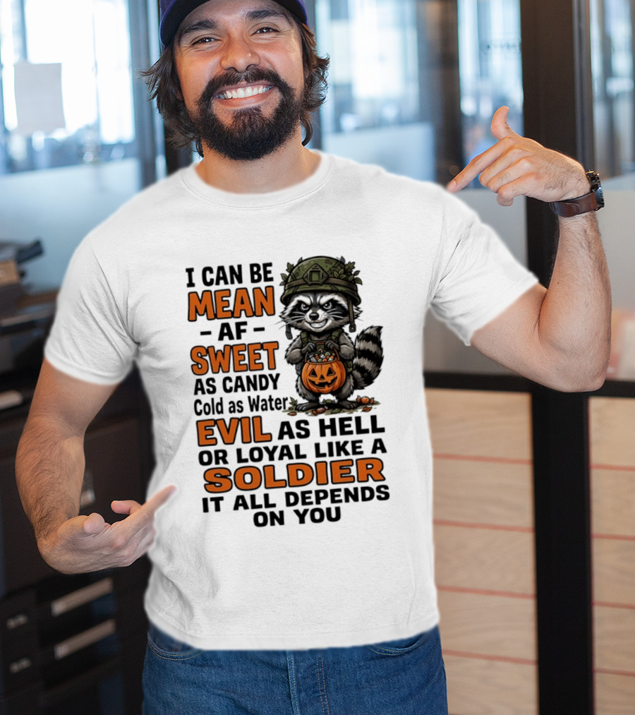 Raccoon I Can Be Mean AF Sweet As Candy Cold As Water Evil As Hell Or Loyal Like A Soldier It All Depends On You T-Shirt