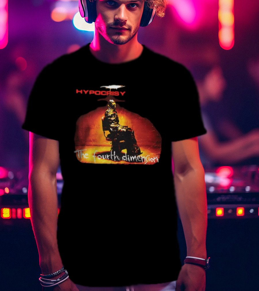 Hypocrisy The Fourth Dimension Red Text And Seated Figure T-Shirt