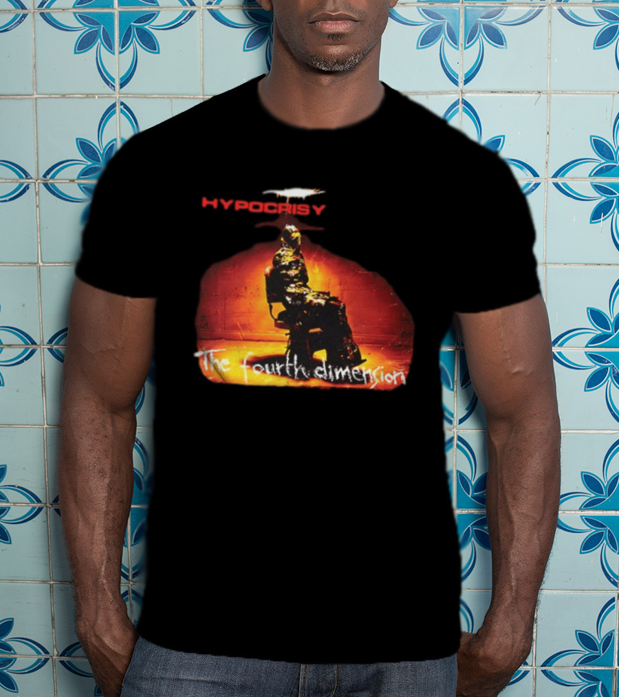 Hypocrisy The Fourth Dimension Red Text And Seated Figure T-Shirt