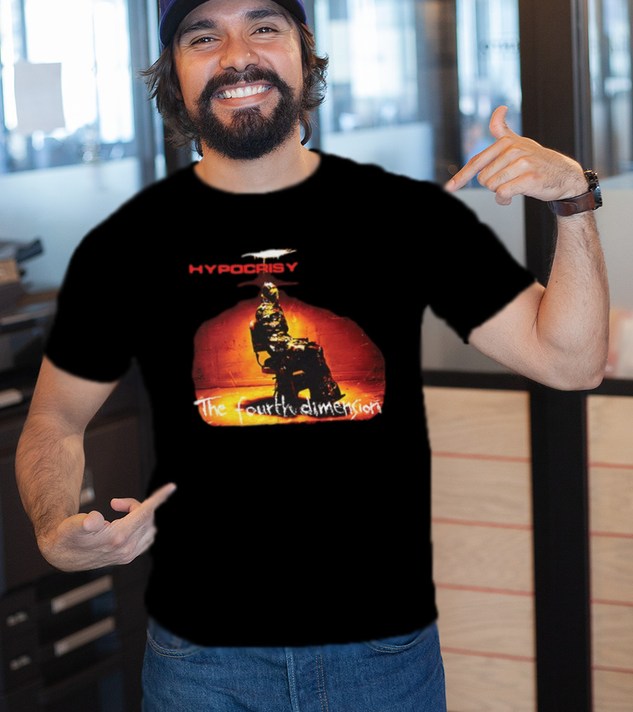 Hypocrisy The Fourth Dimension Red Text And Seated Figure T-Shirt