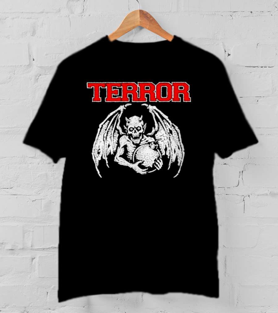 Terror Red Lettering Demon With Wings Holding Bomb T-Shirt
