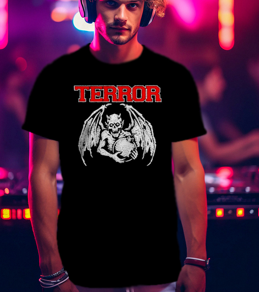 Terror Red Lettering Demon With Wings Holding Bomb T-Shirt