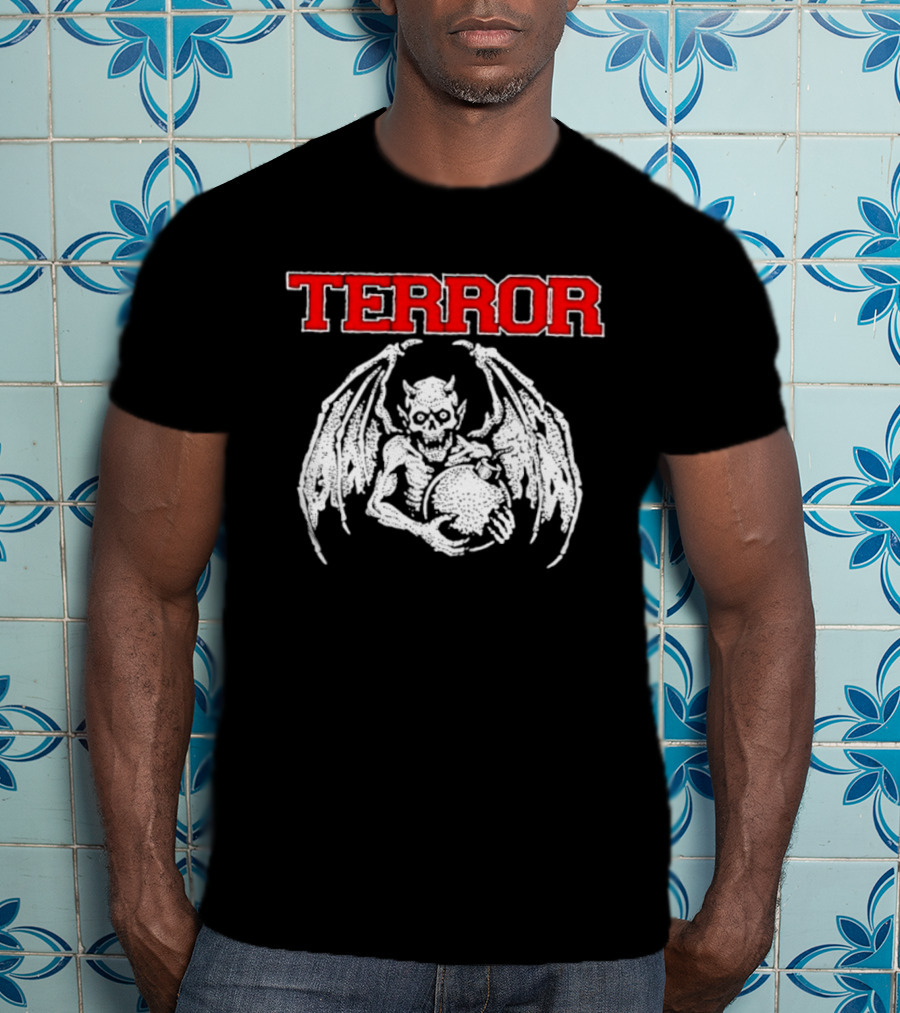Terror Red Lettering Demon With Wings Holding Bomb T-Shirt