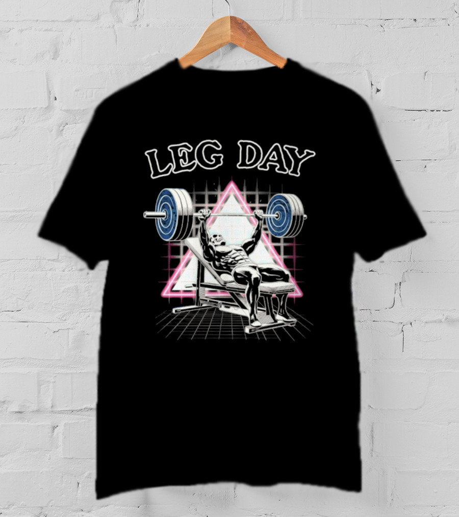 Leg Day Skeleton Weightlifting Gym Bodybuilding 80s Aesthetic Neon Triangle T-Shirt