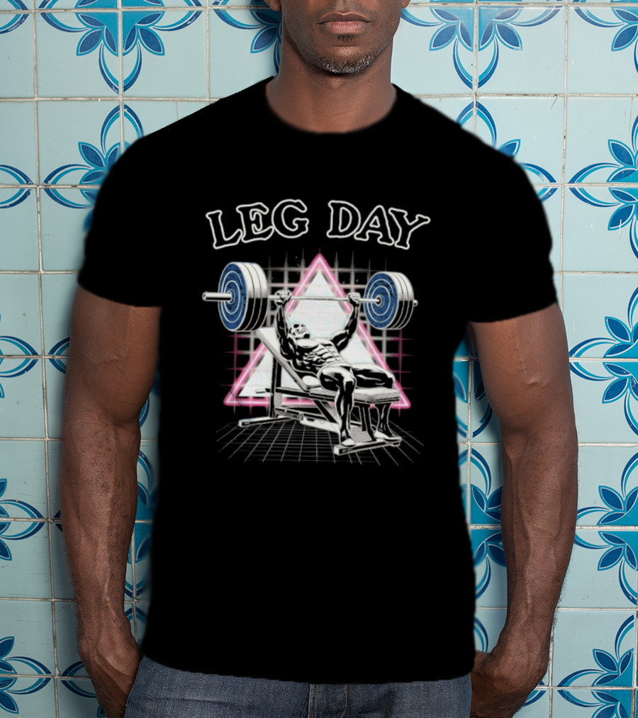 Leg Day Skeleton Weightlifting Gym Bodybuilding 80s Aesthetic Neon Triangle T-Shirt