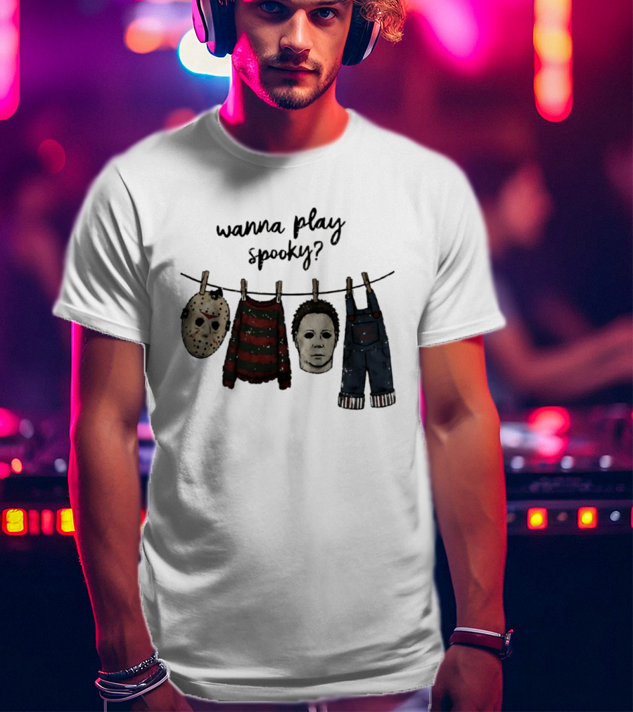 Wanna Play Spooky Halloween Horror Mask And Costume References T-Shirt
