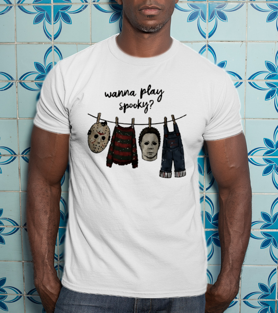Wanna Play Spooky Halloween Horror Mask And Costume References T-Shirt