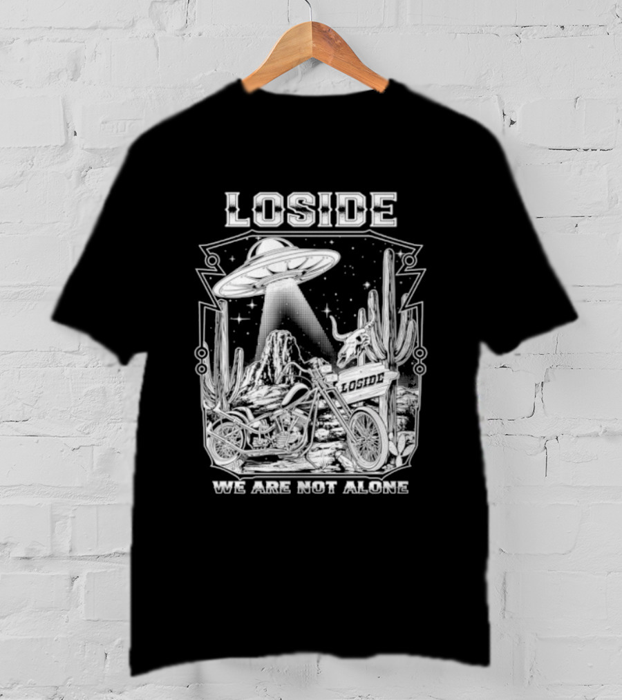 Loside We Are Not Alone UFO Motorcycle Desert Scene Cactus Stars T-Shirt