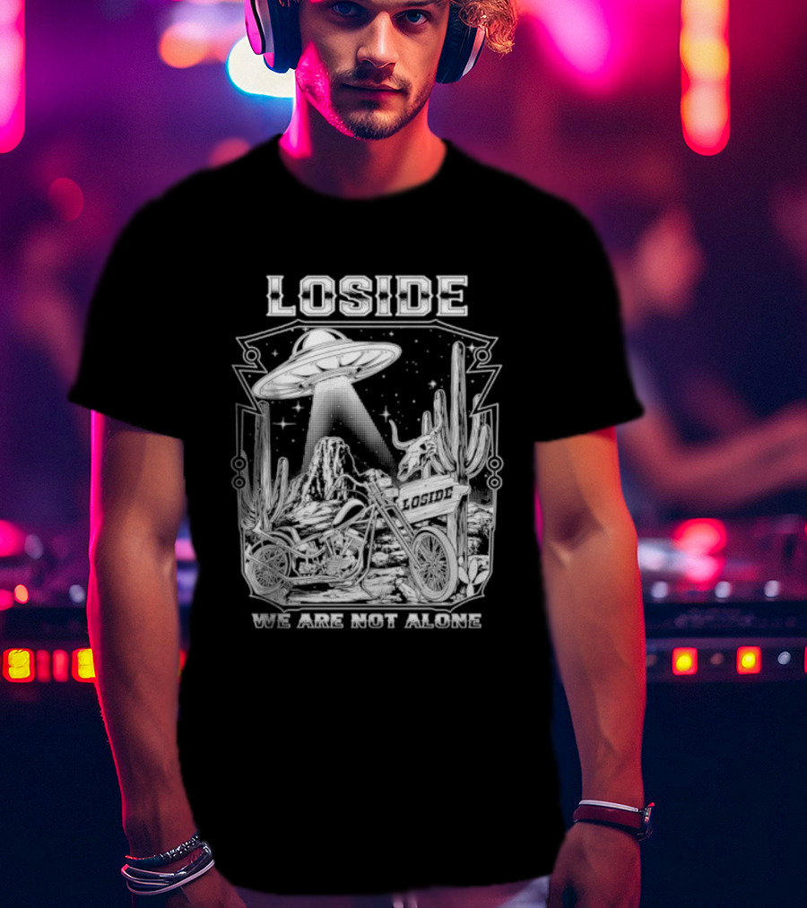 Loside We Are Not Alone UFO Motorcycle Desert Scene Cactus Stars T-Shirt