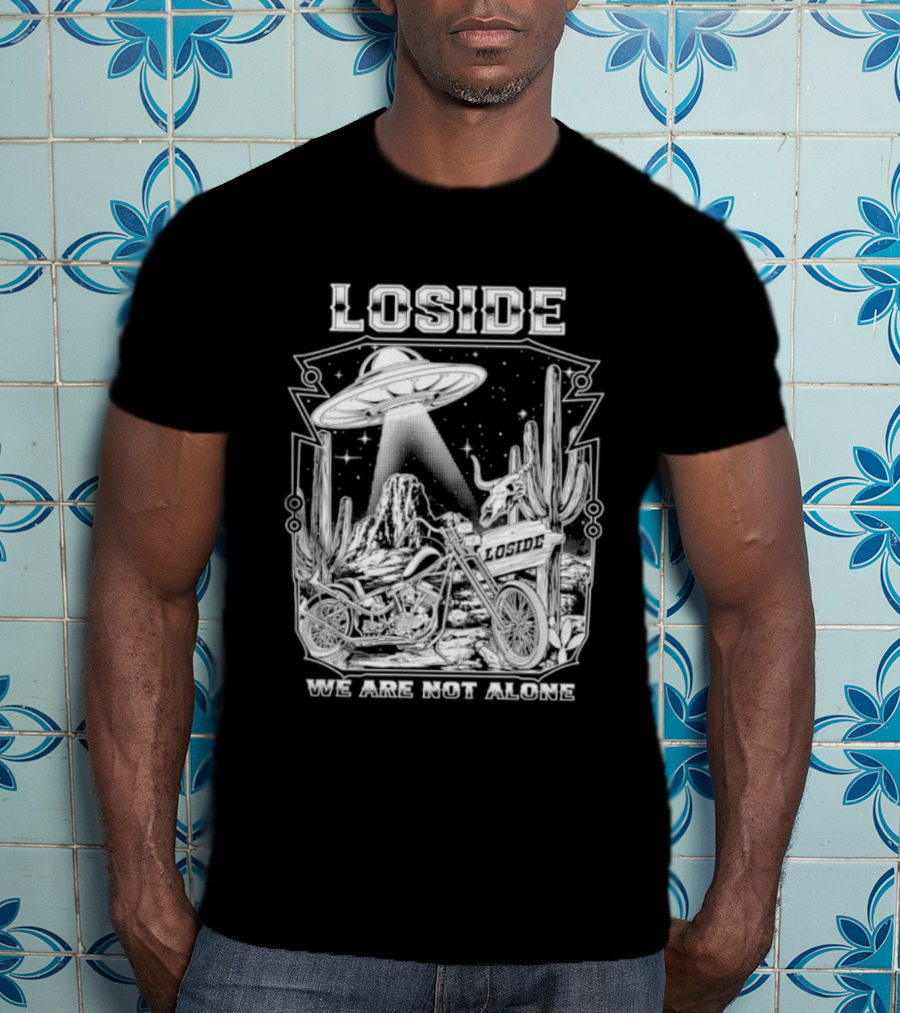 Loside We Are Not Alone UFO Motorcycle Desert Scene Cactus Stars T-Shirt
