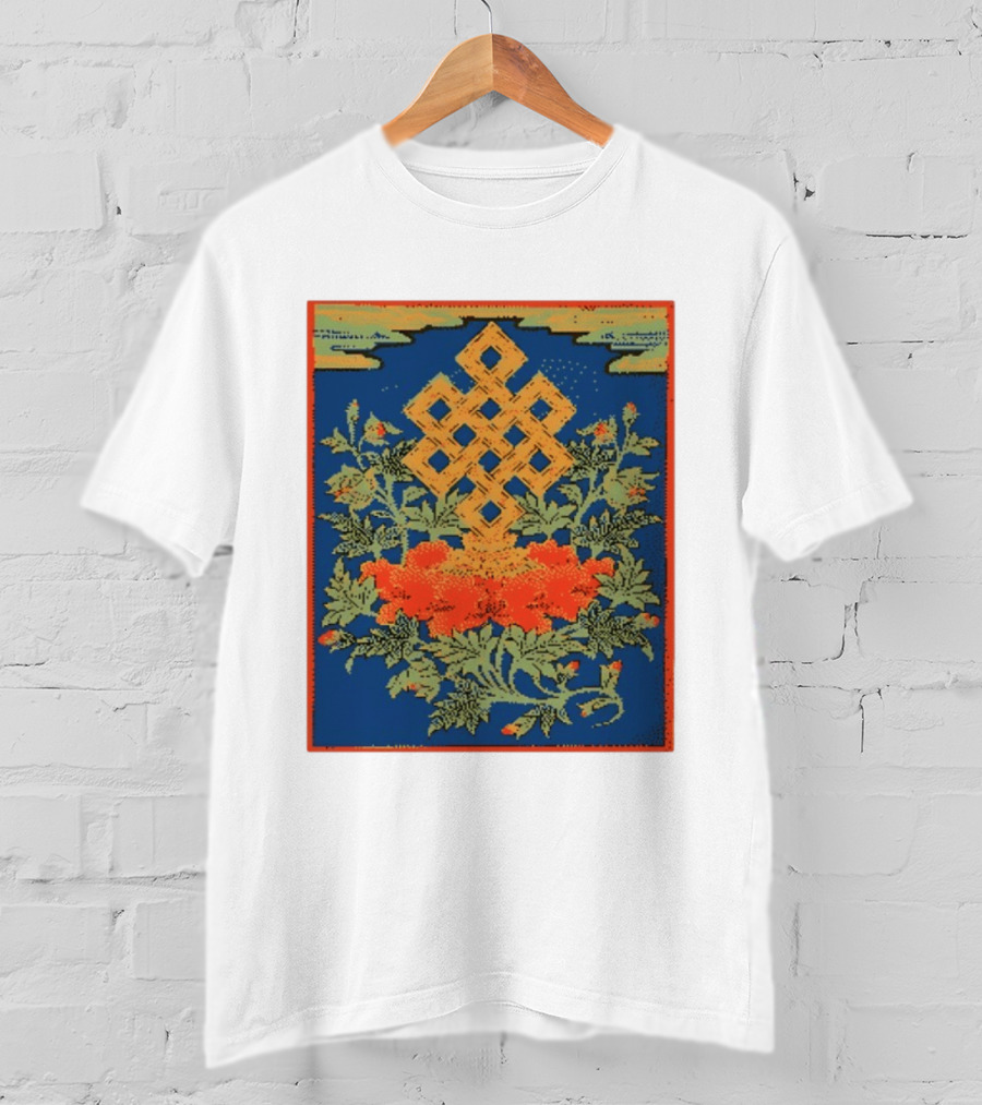 Srivatsa Endless Knot Floral Design Buddhist Symbol With Blossoms T-Shirt