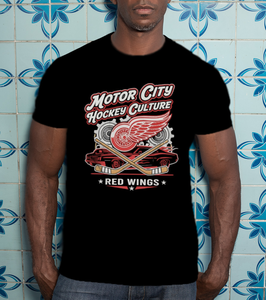 Motor City Hockey Culture Red Wings NHL Classic Logo And Car T-Shirt