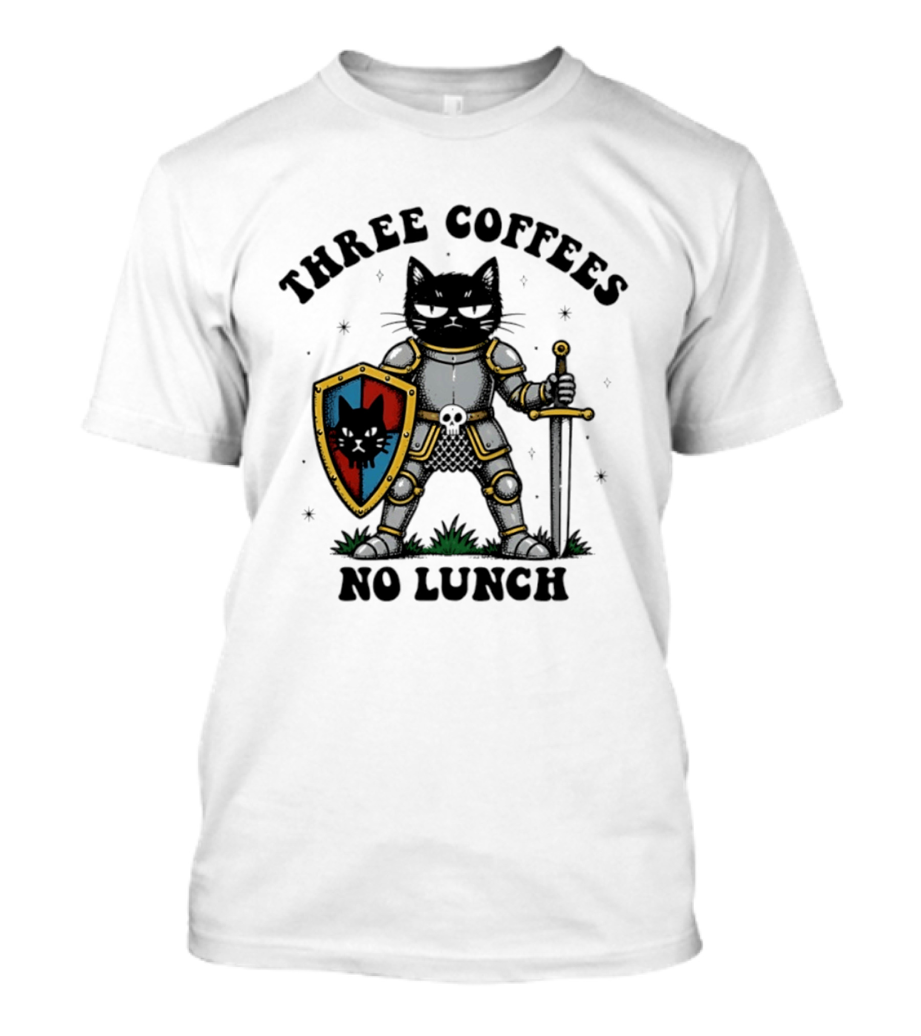 Three Coffees No Lunch Black Cat Armored Knight Shield T-Shirt