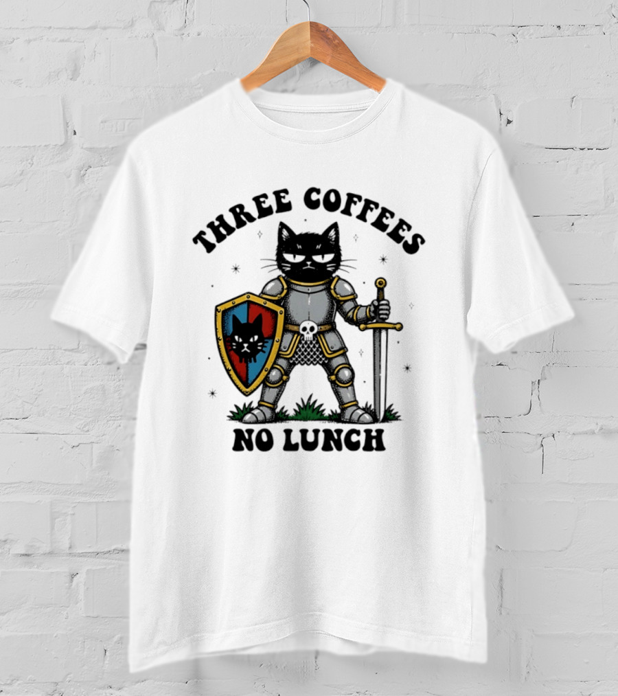 Three Coffees No Lunch Black Cat Armored Knight Shield T-Shirt