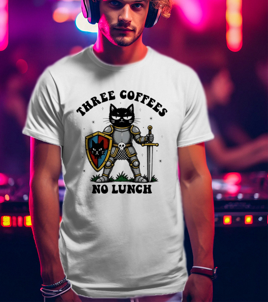 Three Coffees No Lunch Black Cat Armored Knight Shield T-Shirt